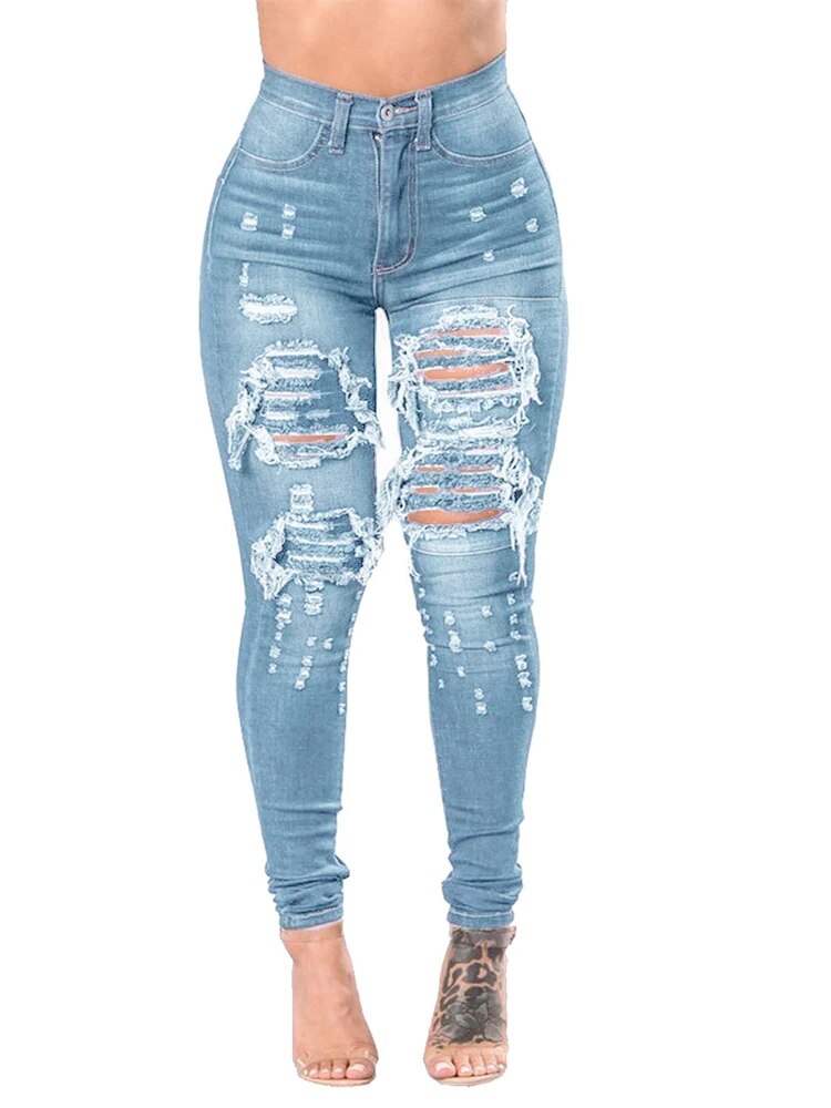 Womens Stretch Skinny Ripped Hole Washed Denim Jeans