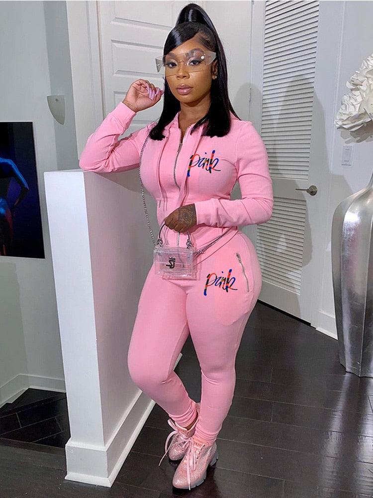 Women New Spring Suits PINK Letter Print Tracksuits 2 Piece Sets Street Hoodies Tops + Jogger Set Casual 2PCS Outfits Sweatsuits