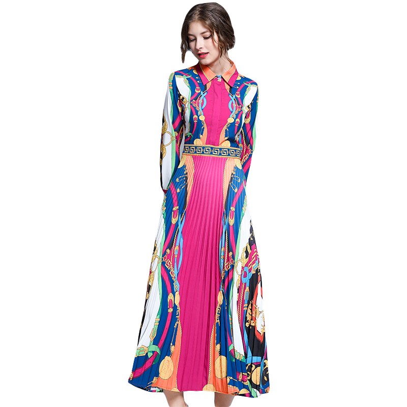 Womens Fashion Style Printed Pleated Midi Vintage Dress