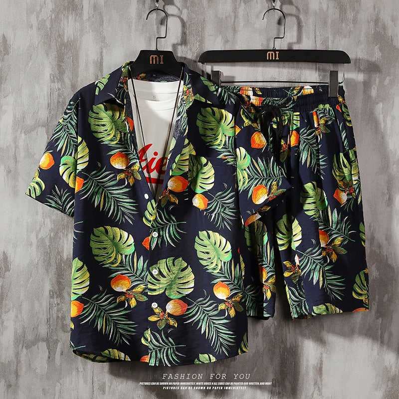 Men Casual Beach Wear Men 2 Piece Set Prined Shirt + Shorts Summer Clothes