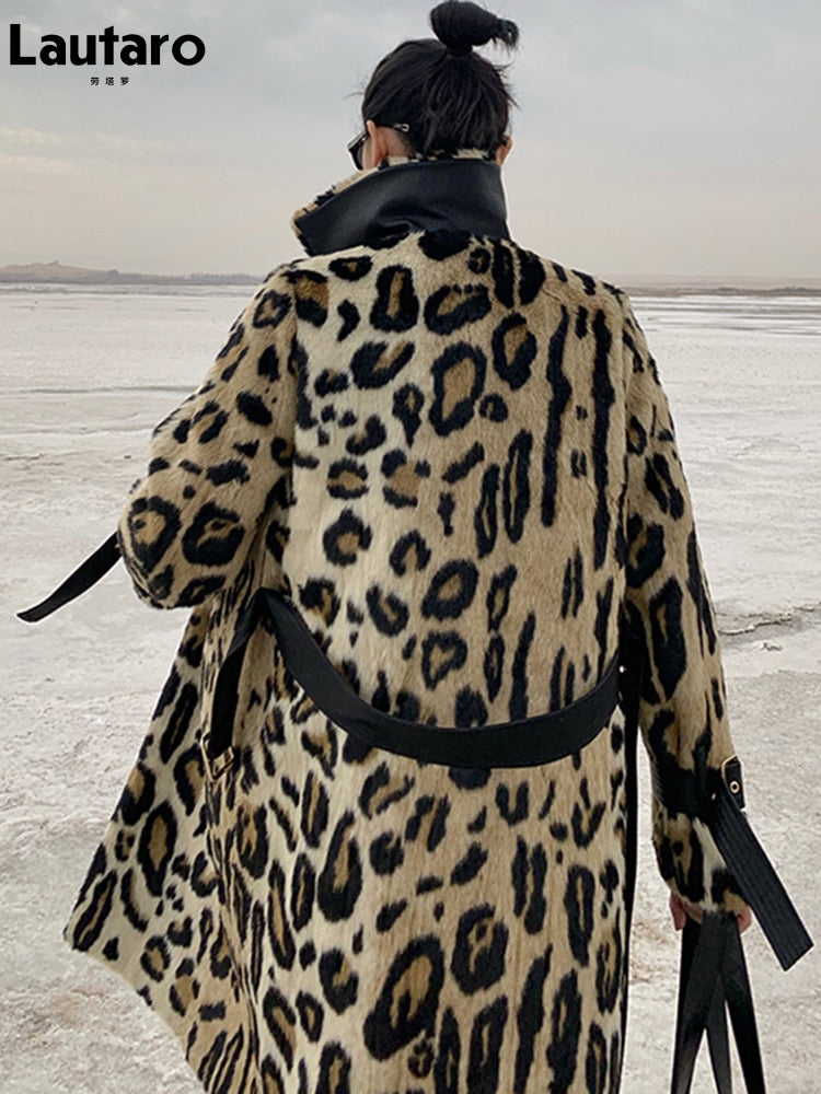 Womens Winter Long Leopard Print Warm Fluffy Faux Fur Trench Coat