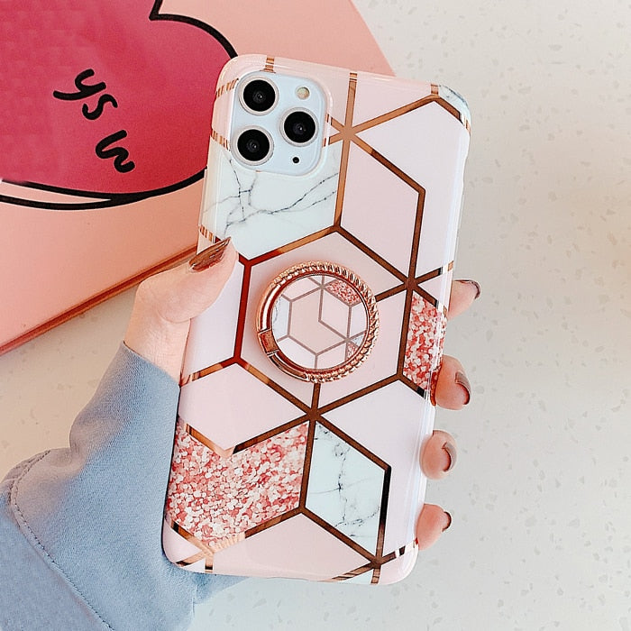 Plating Geometric Marble Ring Stand Phone Case For iphone