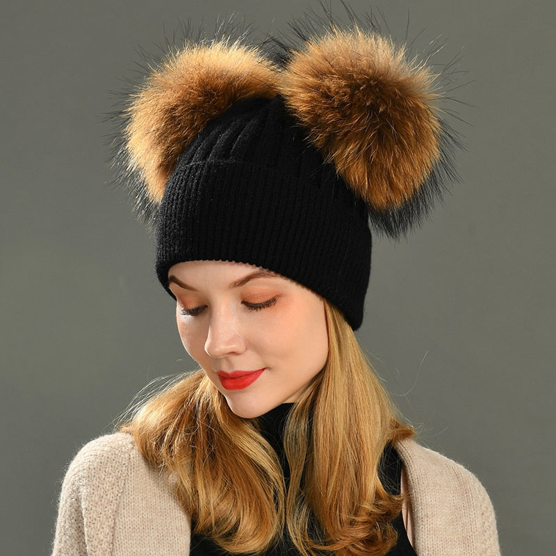 Double Fur Pompom Hat