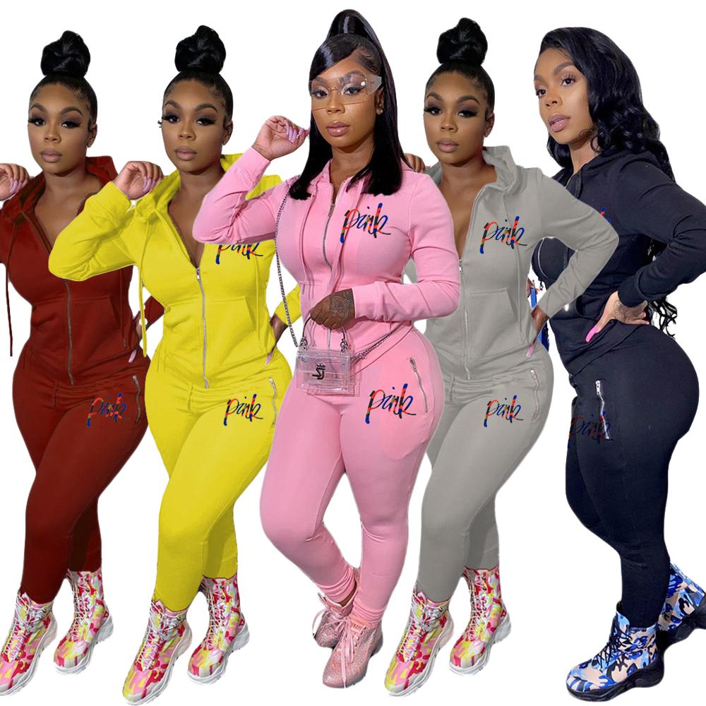 Women New Spring Suits PINK Letter Print Tracksuits 2 Piece Sets Street Hoodies Tops + Jogger Set Casual 2PCS Outfits Sweatsuits