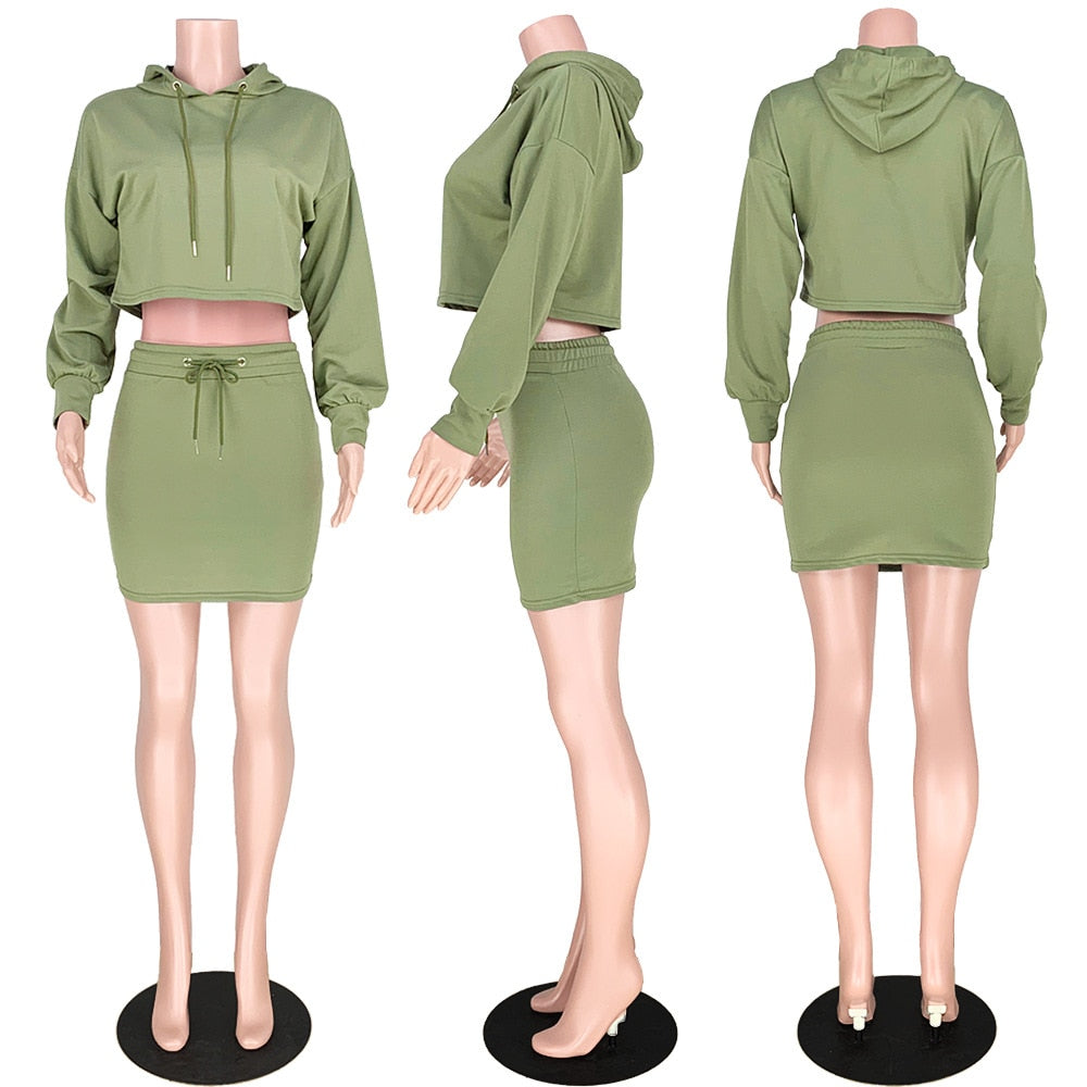 Womens Hooded Skirt Two Piece Set Sweater Top +Mini Dress