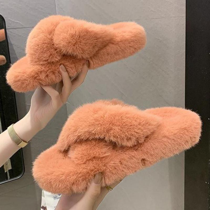 Woman Summer Fluffy Fox Fur Slides