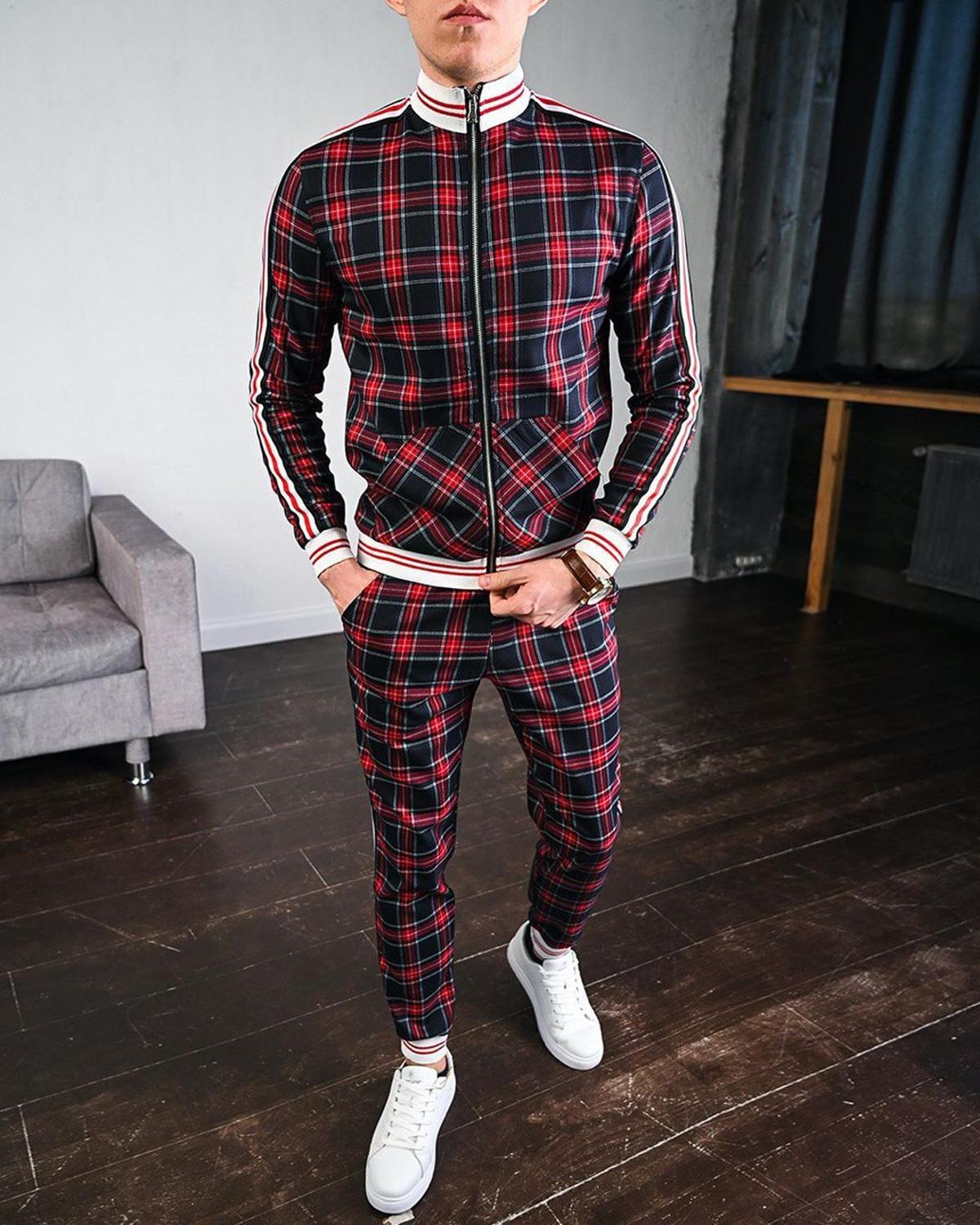 Men Two-piece Striped Lattice Suit Zipper Jacket+Fashion High Quality Sportswear