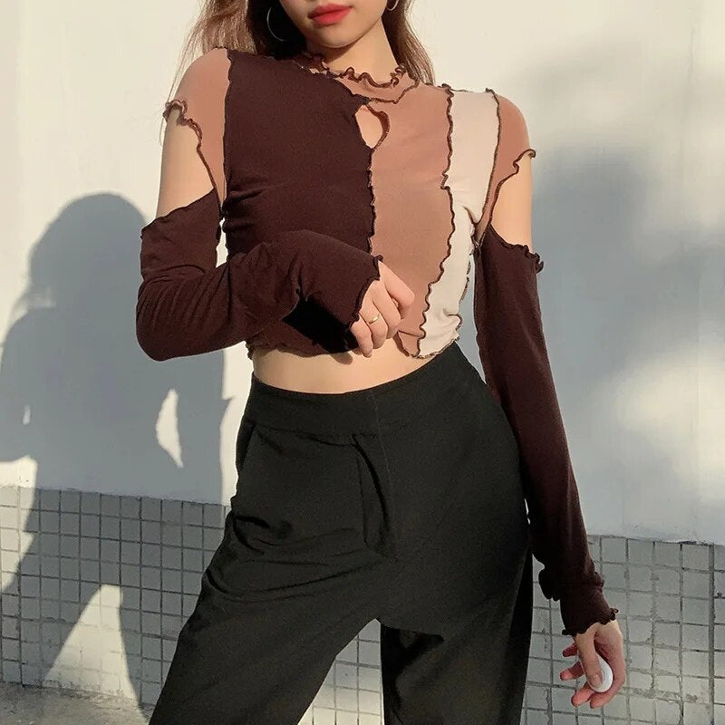 Womens Frill Cut Out Crop Top Long Sleeve Short T Shirt