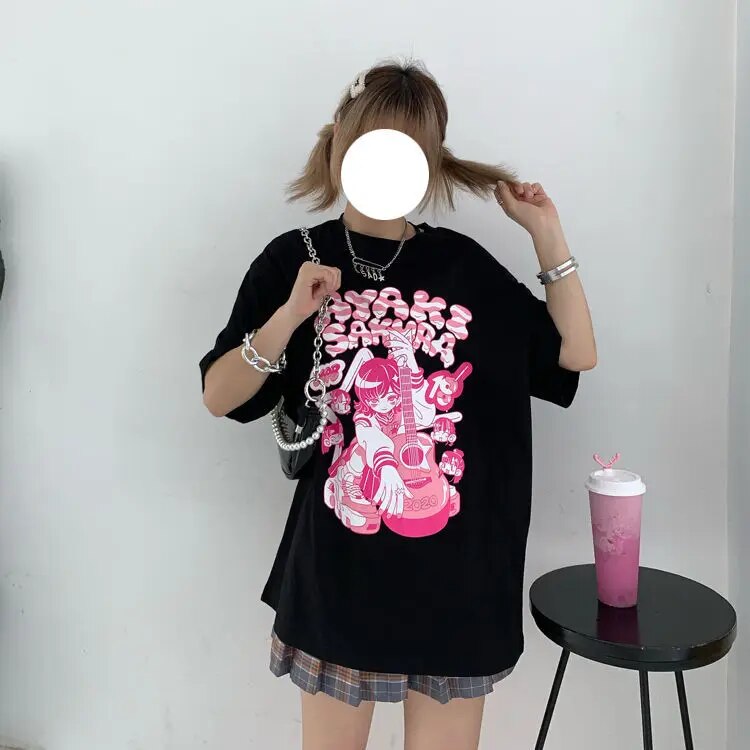 Womens Korea pop E-girl guitar print black Crop