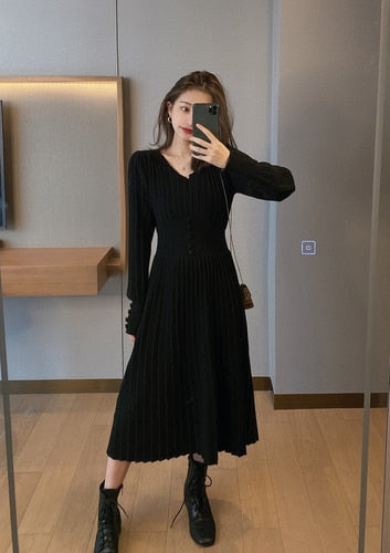 Women Knitted Dress Casual Long Sleeve Vintage\