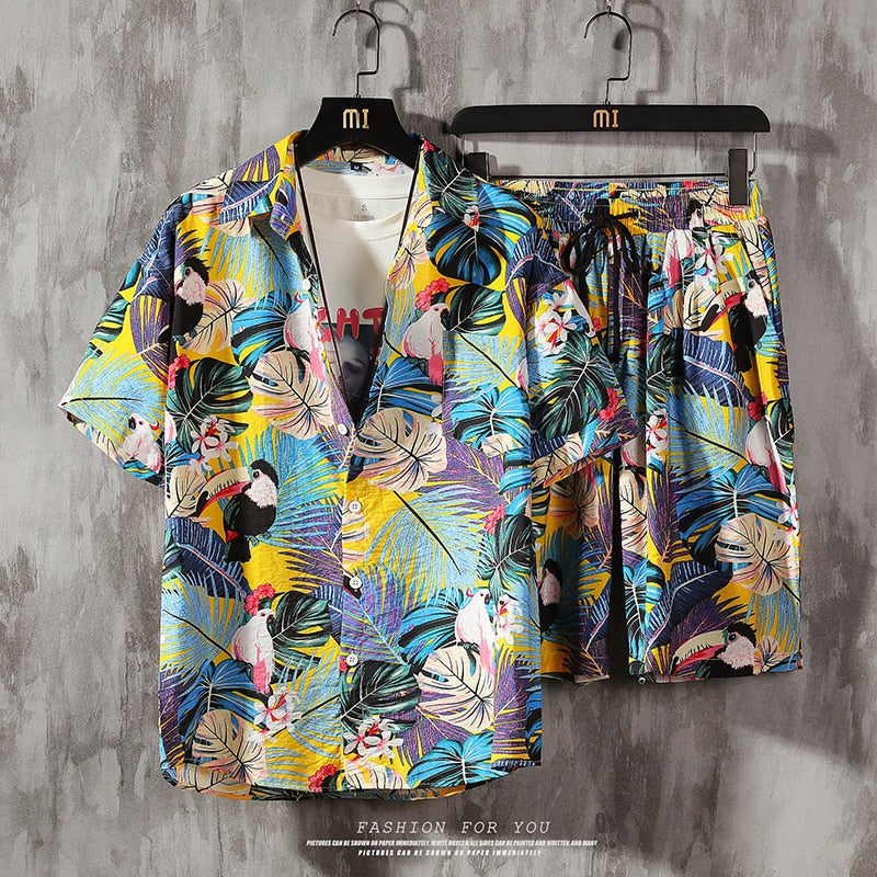 Men Casual Beach Wear Men 2 Piece Set Prined Shirt + Shorts Summer Clothes