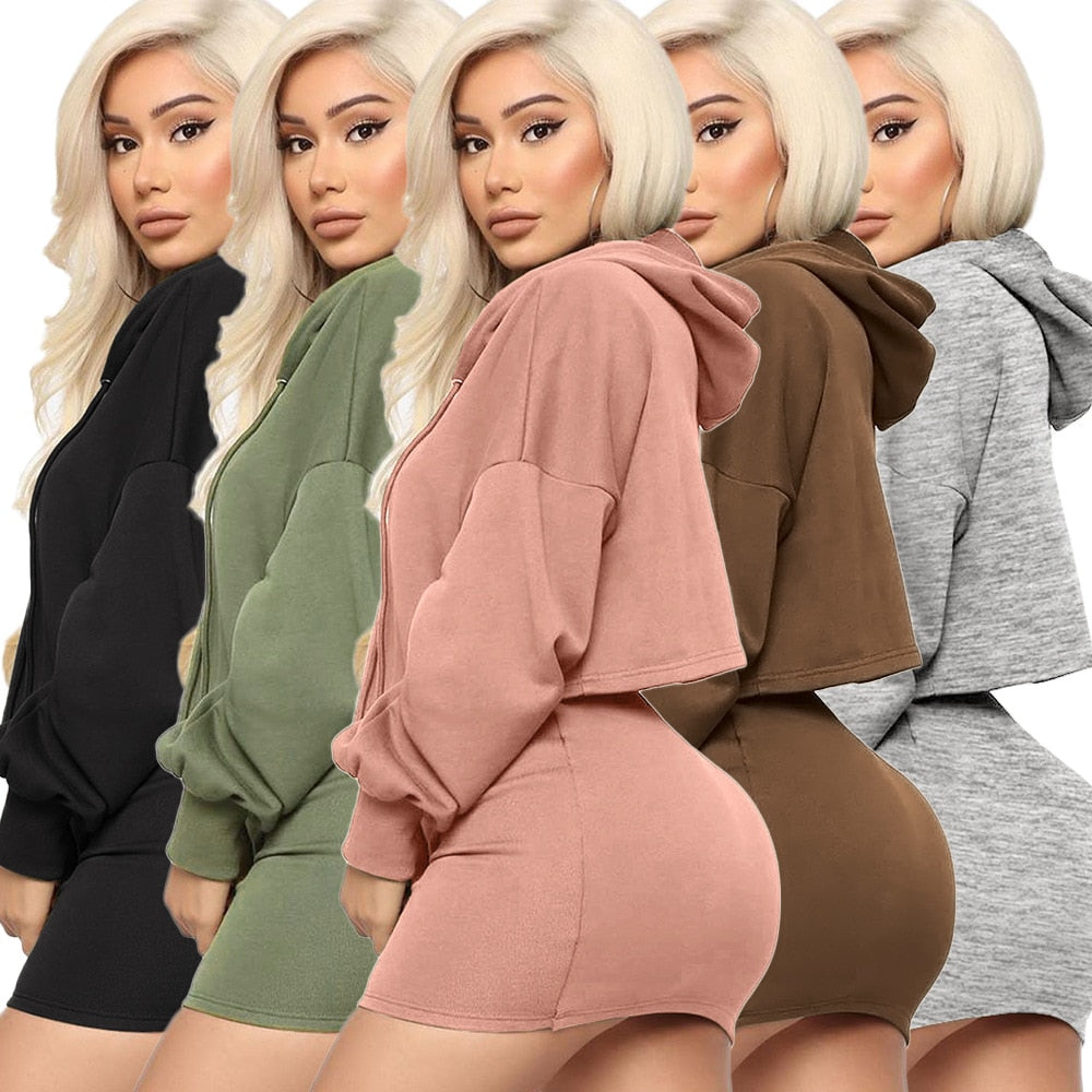 Womens Hooded Skirt Two Piece Set Sweater Top +Mini Dress