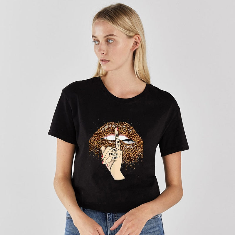 Women Lips Leopard Print labios T-shirt