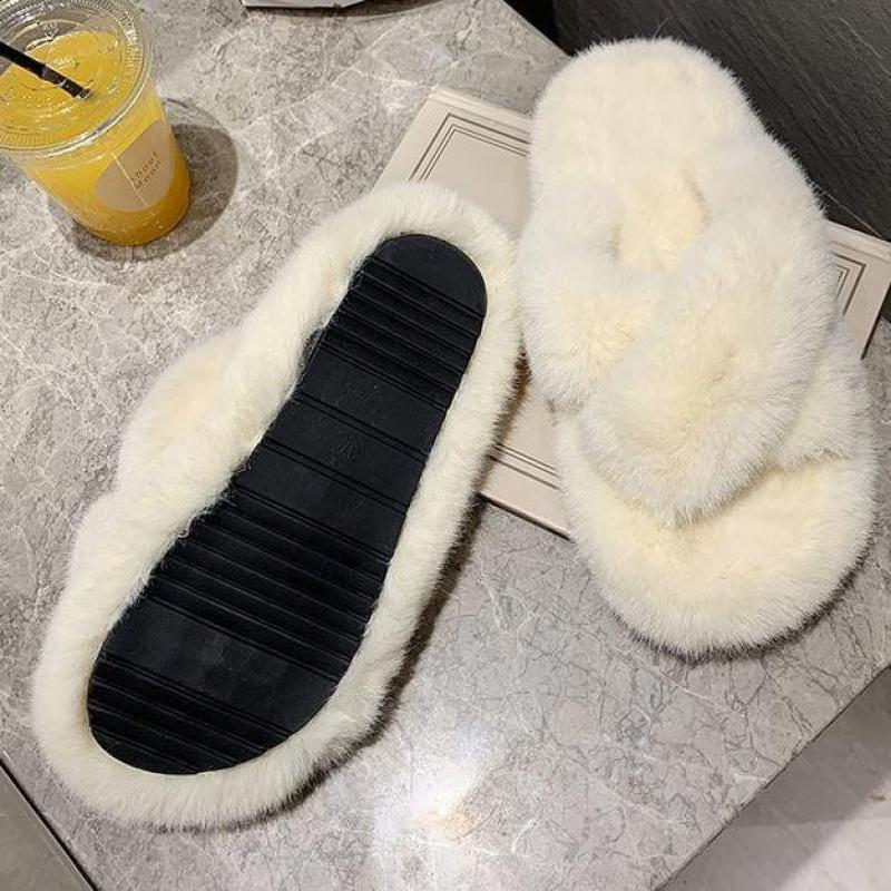 Woman Summer Fluffy Fox Fur Slides