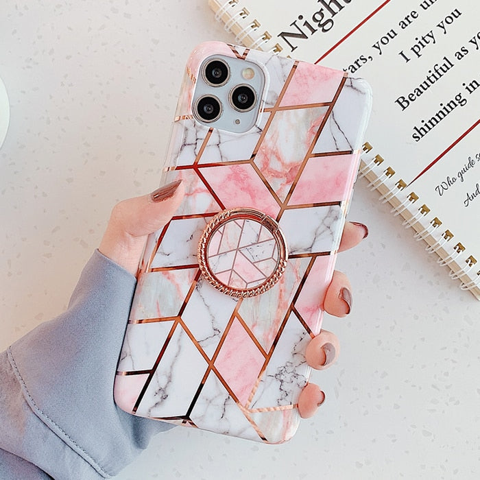 Plating Geometric Marble Ring Stand Phone Case For iphone