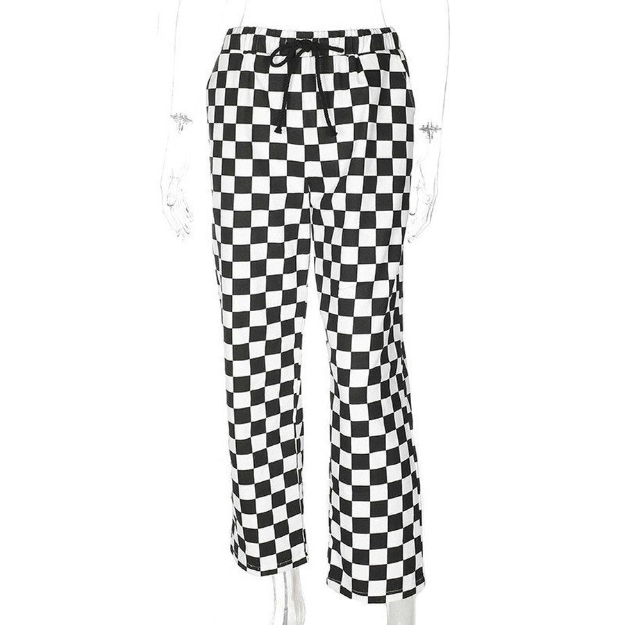 Womens Fashion Lattice Trousers Street Clothing High Waist Straight Pants