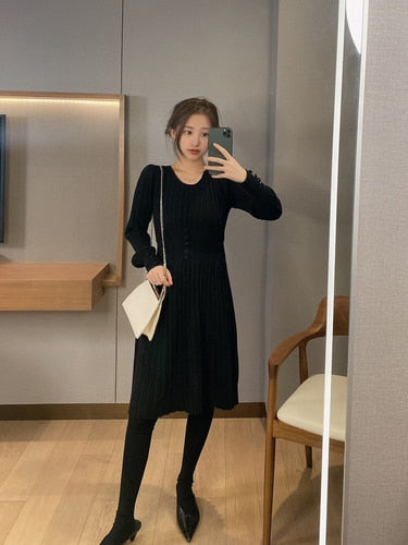 Women Knitted Dress Casual Long Sleeve Vintage\