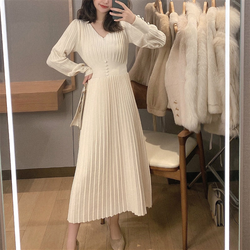 Women Knitted Dress Casual Long Sleeve Vintage\