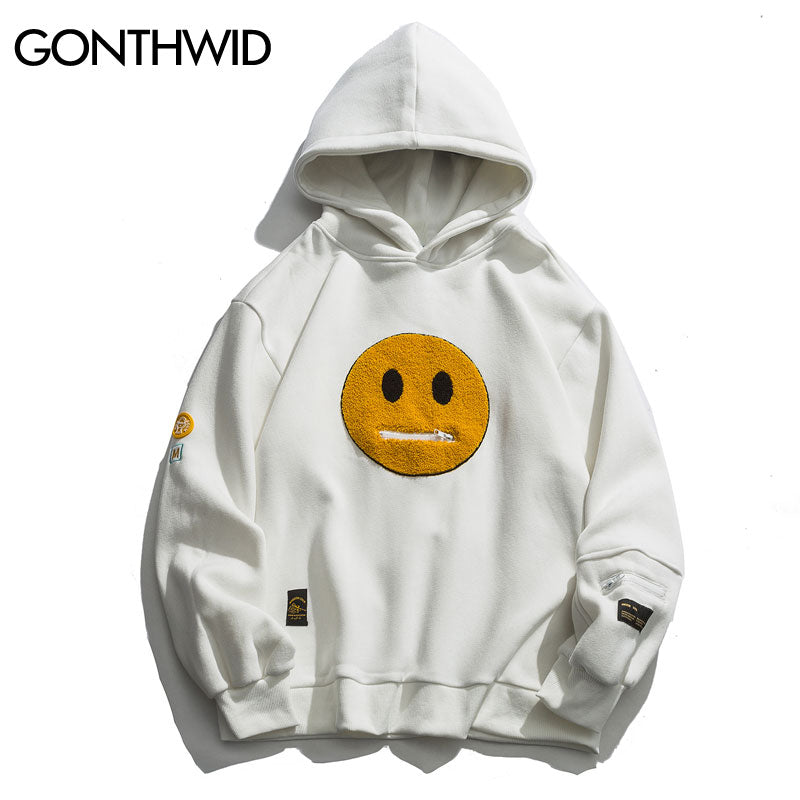 GONTHWID Zipper Pocket Smile Face Patchwork Fleece Hoodies Sweatshirts