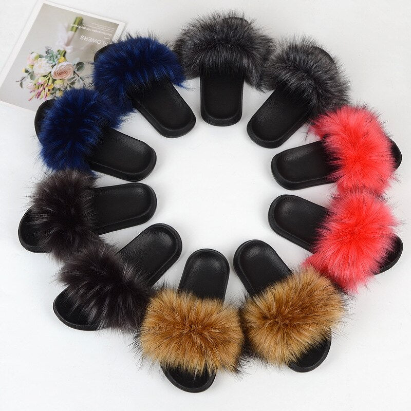 Faux Fur Slides Furry Slipper Summer Shoes