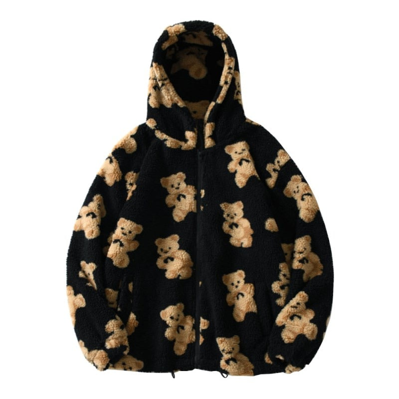 Women's Cartoon Bear Lamb Wool Zip Up Hoodie