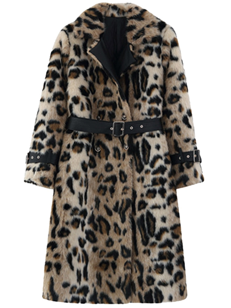 Womens Winter Long Leopard Print Warm Fluffy Faux Fur Trench Coat