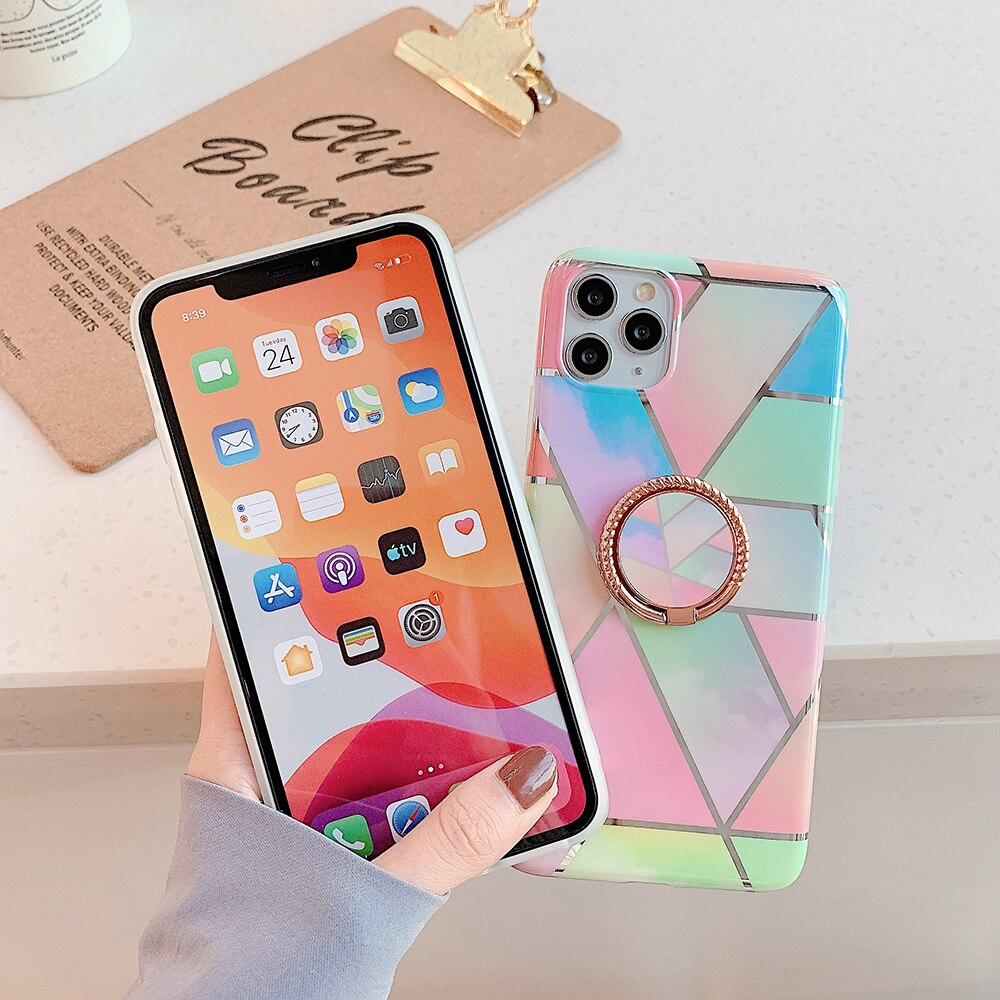 Plating Geometric Marble Ring Stand Phone Case For iphone