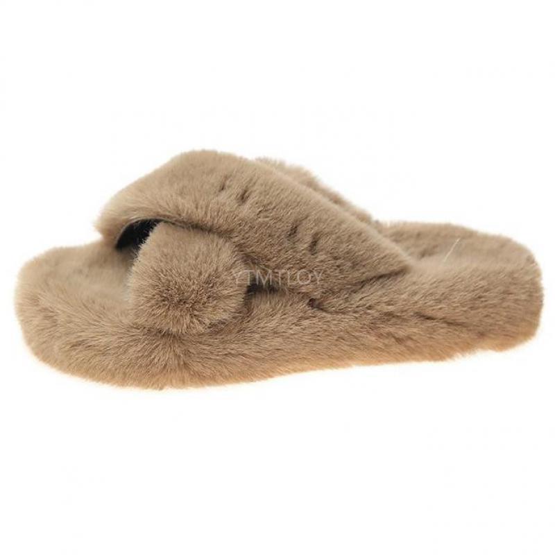 Woman Summer Fluffy Fox Fur Slides