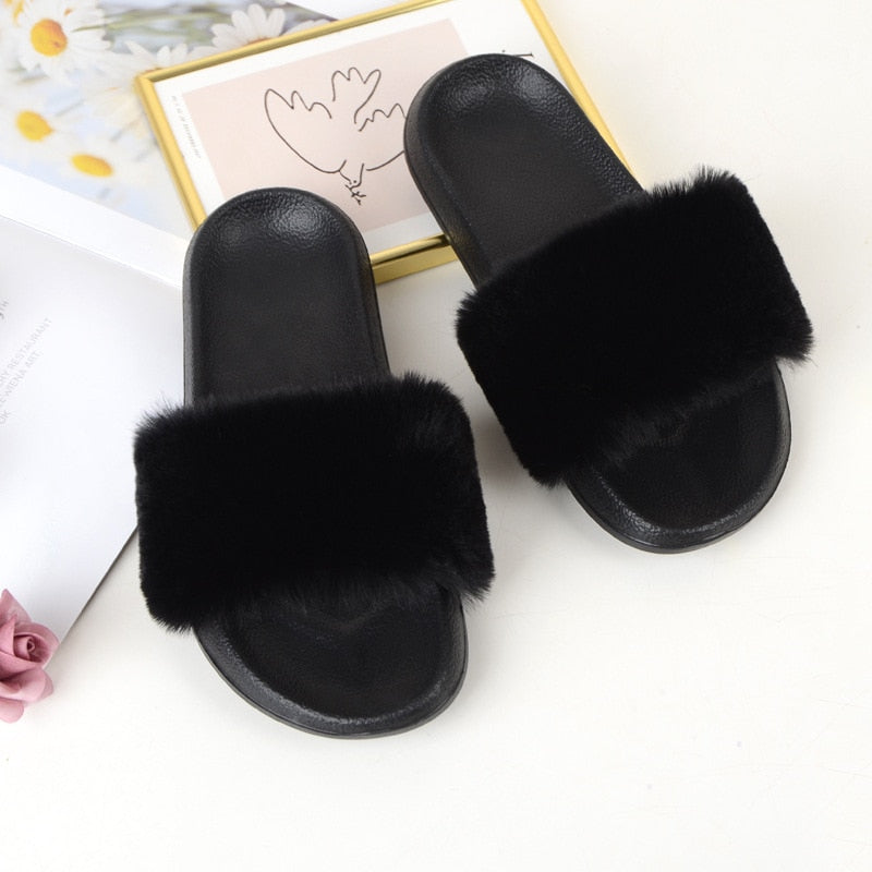 Faux Fur Slides Furry Slipper Summer Shoes