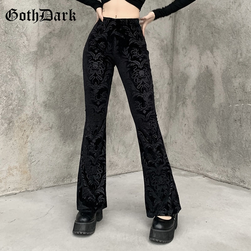 Women's Goth Dark Vintage Floral Scratched Pants High Waist