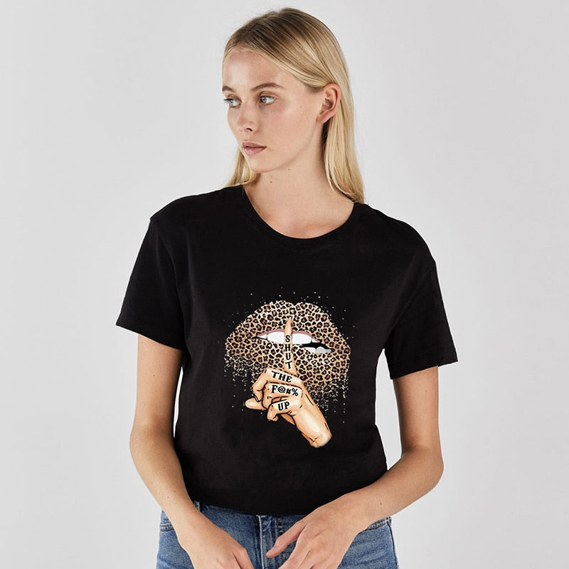 Women Lips Leopard Print labios T-shirt