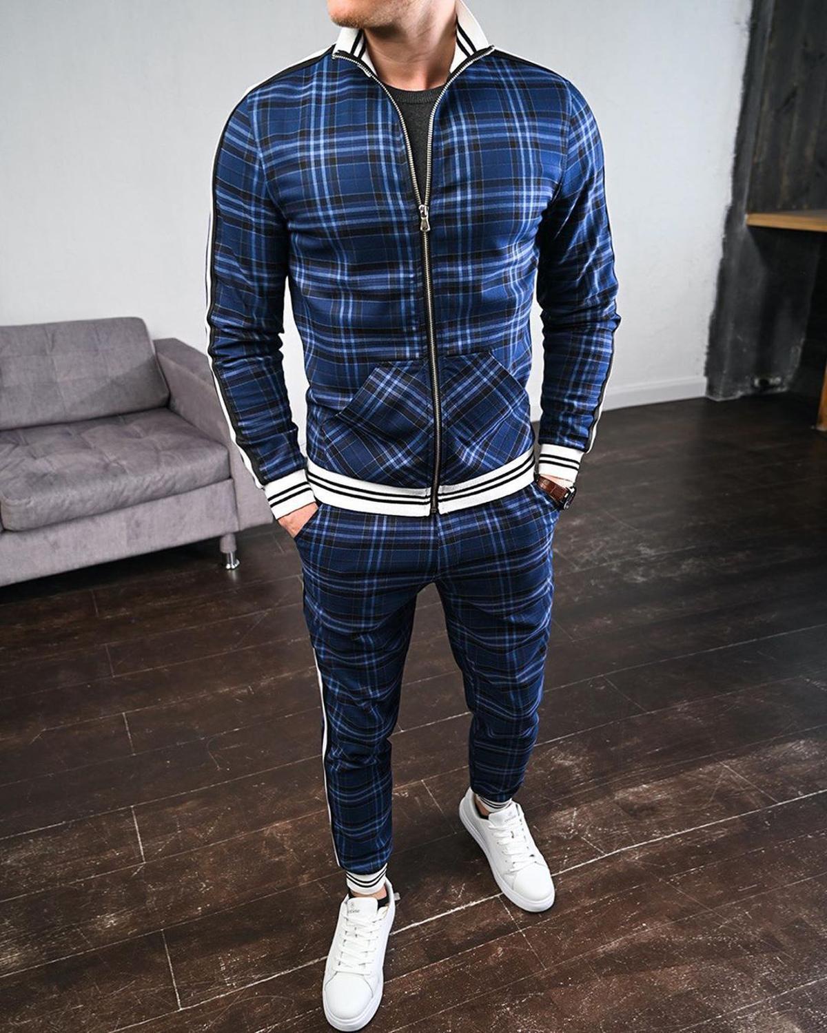 Men Two-piece Striped Lattice Suit Zipper Jacket+Fashion High Quality Sportswear