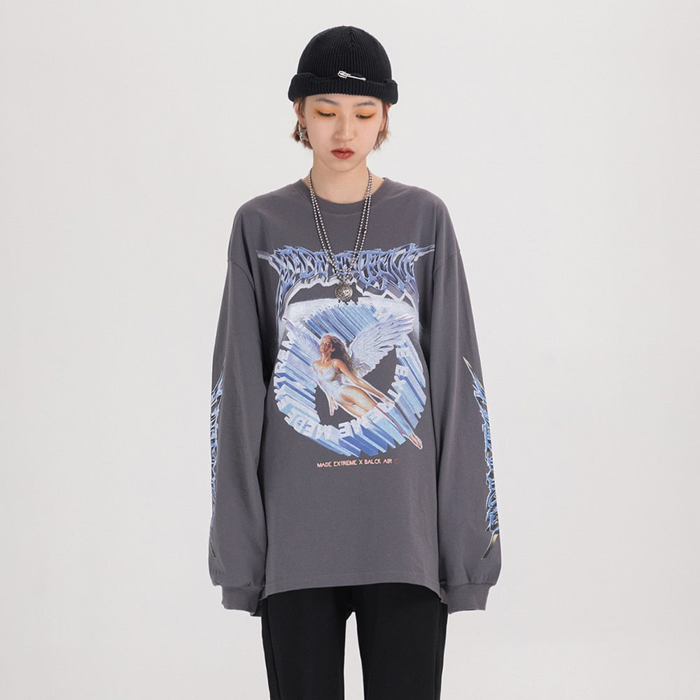 Women Long Sleeve Retro Graphic Tees Top Angel Shirt