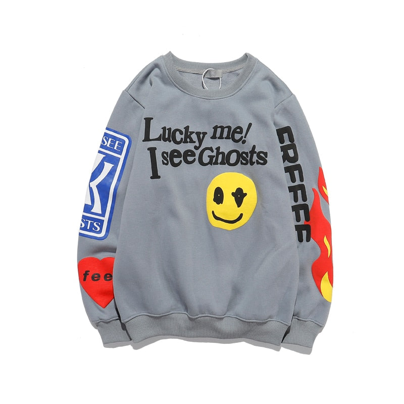 Men Harajuku Retro Smiley Flame Print Round Neck Sweatshirts