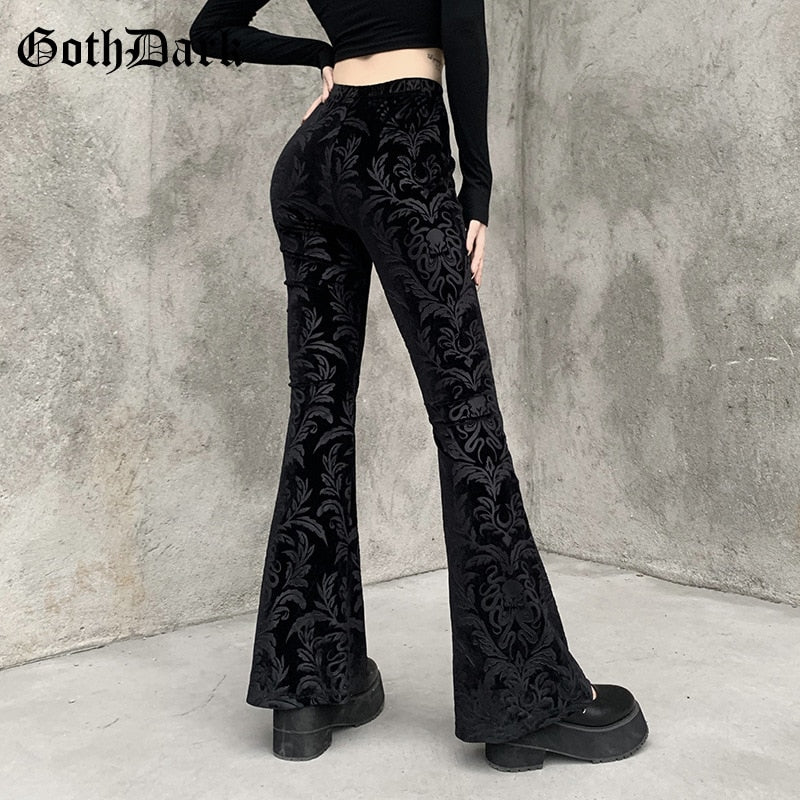 Women's Goth Dark Vintage Floral Scratched Pants High Waist