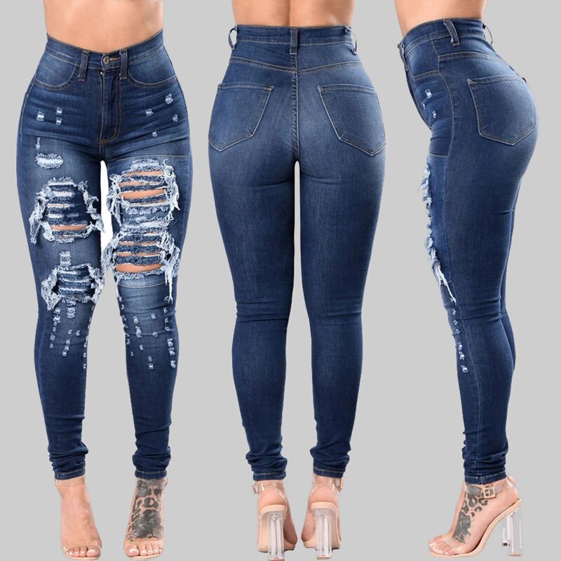 Womens Stretch Skinny Ripped Hole Washed Denim Jeans