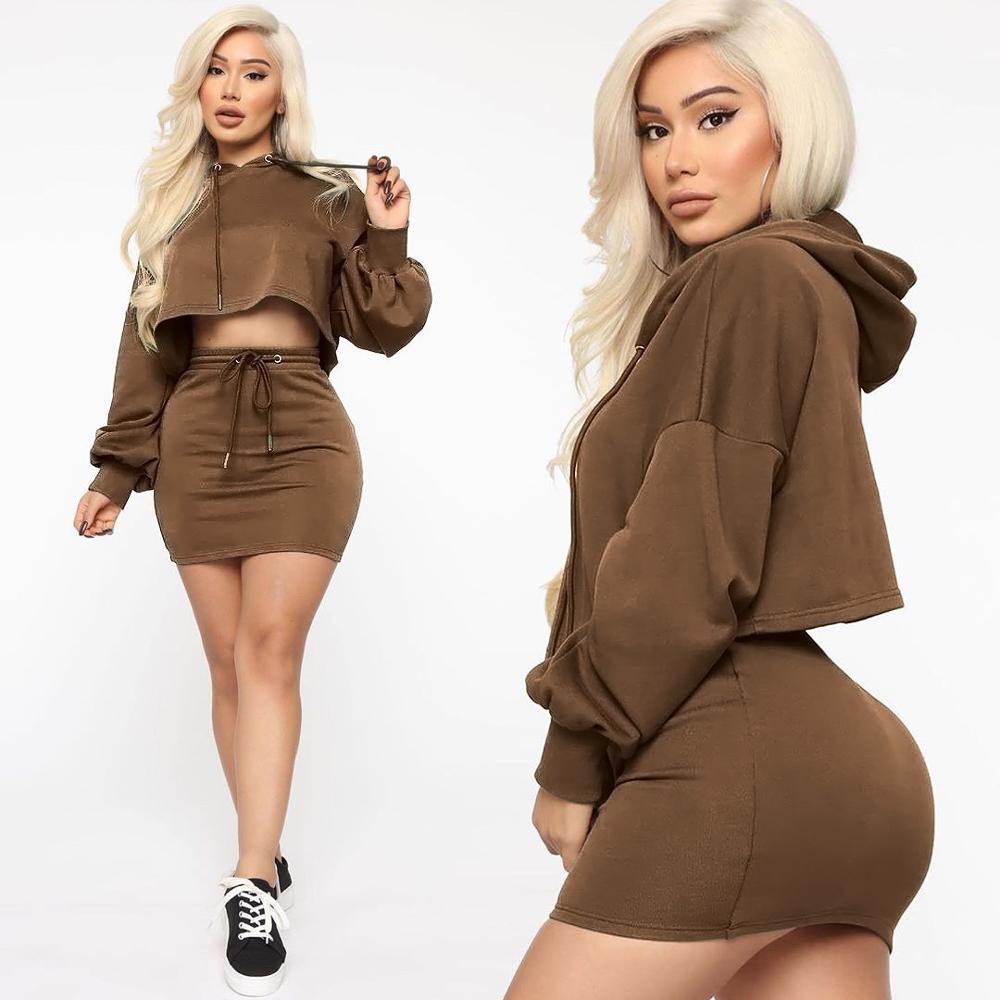 Womens Hooded Skirt Two Piece Set Sweater Top +Mini Dress