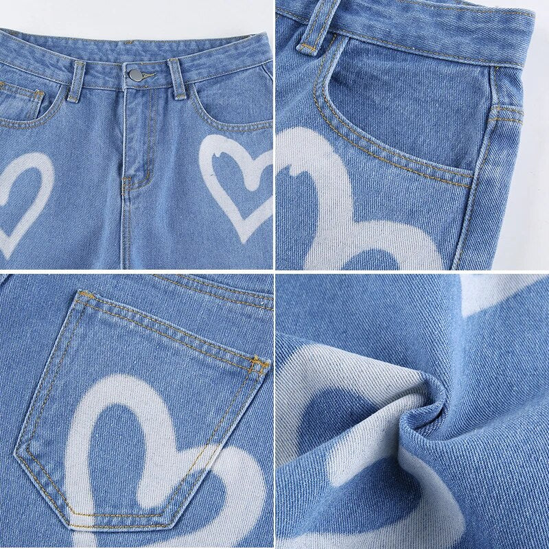 Womens Vintage Heart Printed Baggy Jeans