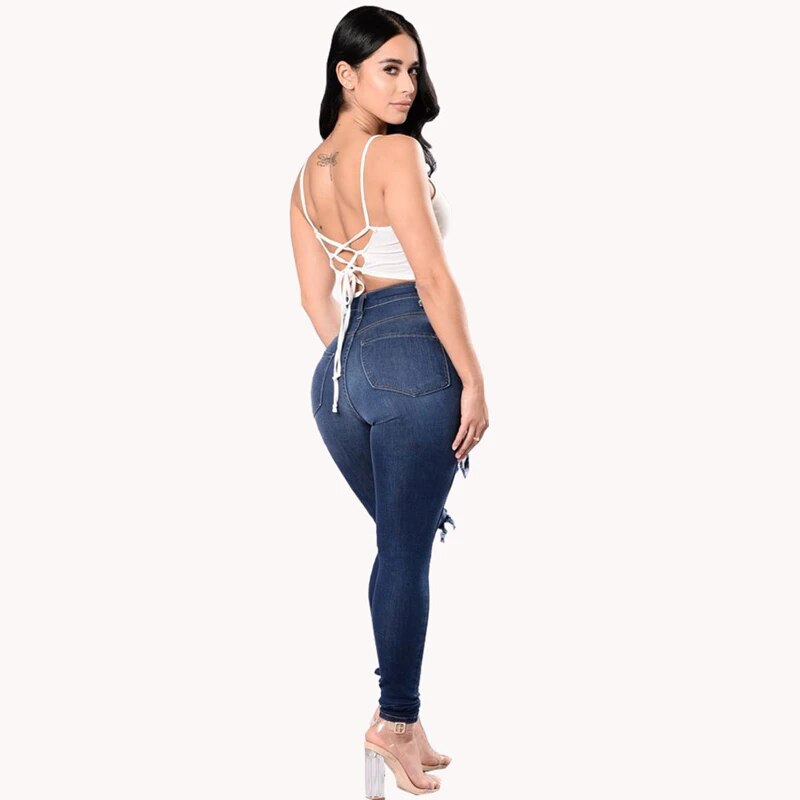 Womens Stretch Skinny Ripped Hole Washed Denim Jeans