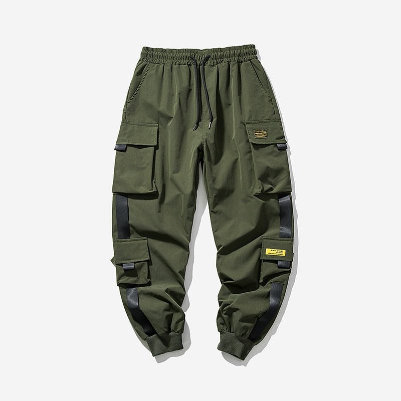 Men Harem Pants Multi-Pocket Ribbons