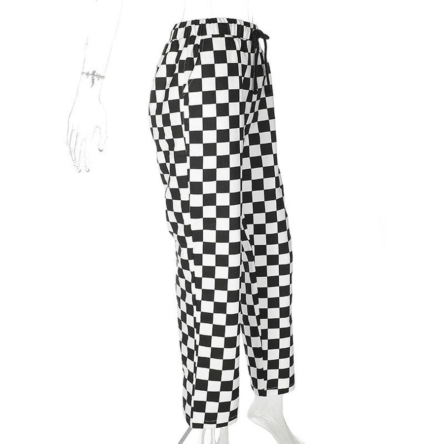 Womens Fashion Lattice Trousers Street Clothing High Waist Straight Pants