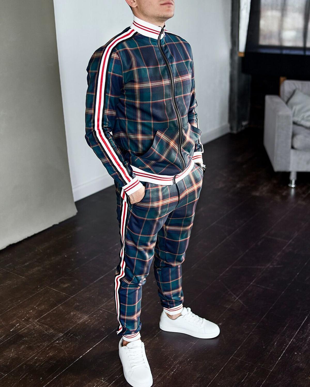 Men Two-piece Striped Lattice Suit Zipper Jacket+Fashion High Quality Sportswear