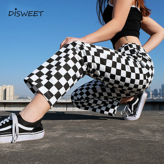 Womens Fashion Lattice Trousers Street Clothing High Waist Straight Pants