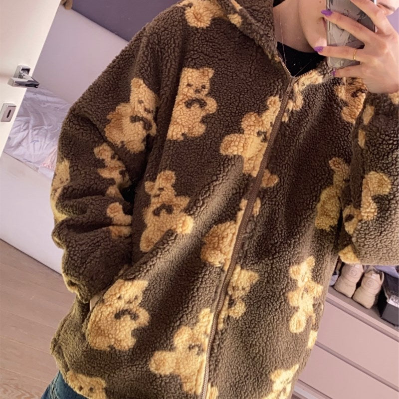 Women's Cartoon Bear Lamb Wool Zip Up Hoodie