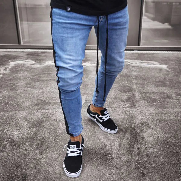 Mens Hip Hop Stripe Elastic Slim Fit Denim Pants