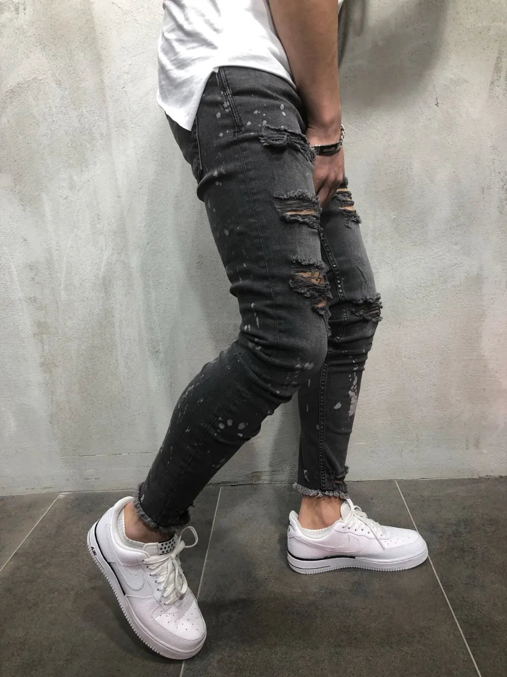 Men Splashing ink Vintage gray Ripped Skinny Jeans