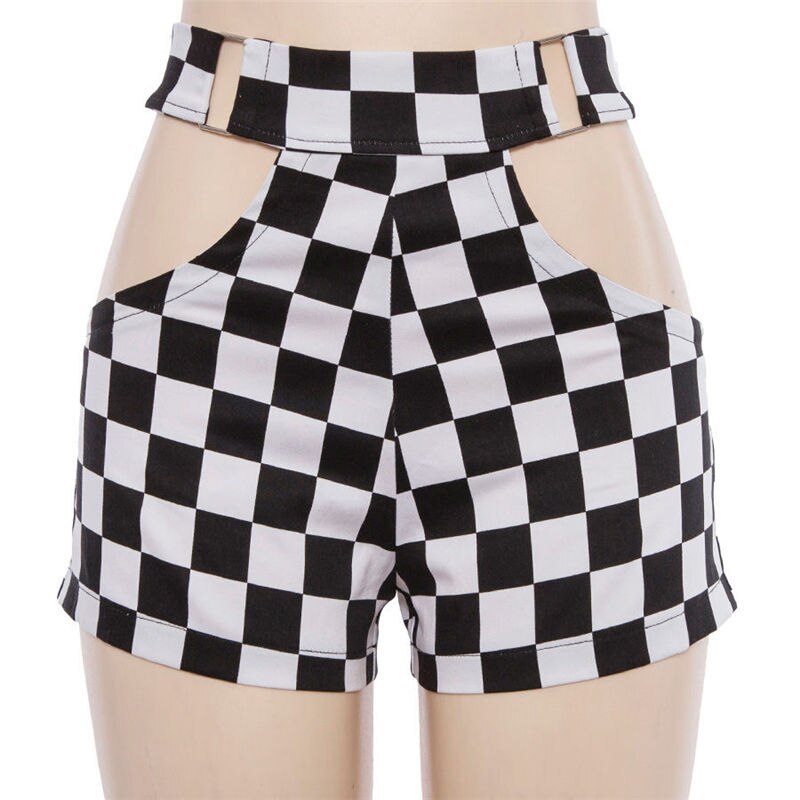 Women Hollow Out Metal Buckle Hot Shorts High Rise Skinny Plaid Shorts