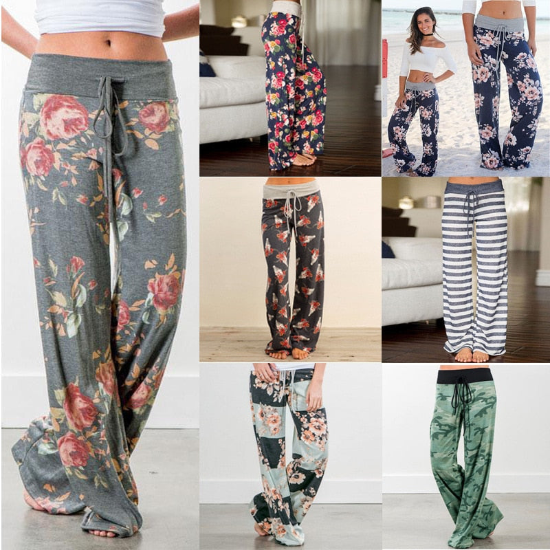 Spring Autumn Women Long Pants Loose Floral Print Drawstring Lace Camouflage stripe Wave point Sweatpants