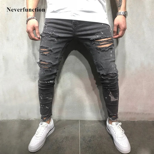 Men Splashing ink Vintage gray Ripped Skinny Jeans