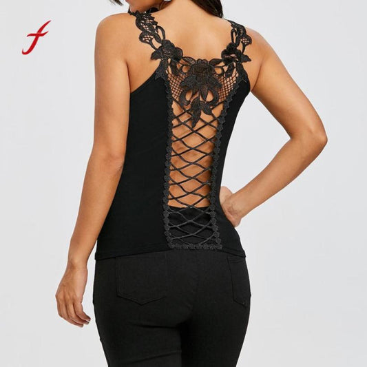 Women O-Neck Lace Shoulder Straps Back Hollow Out Vest T-Shirt